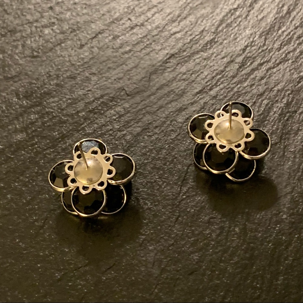 Black Beaded Rose Flower Stud Earrings with Silver Tone Trim - Picture 7 of 9